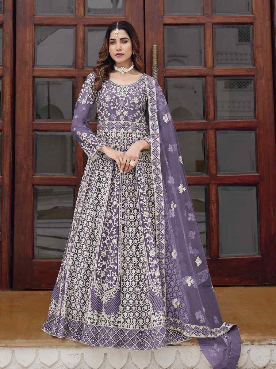 Purple Pure Butterfly Nett Embroidered Festival Casual Wedding Gown Women Wear