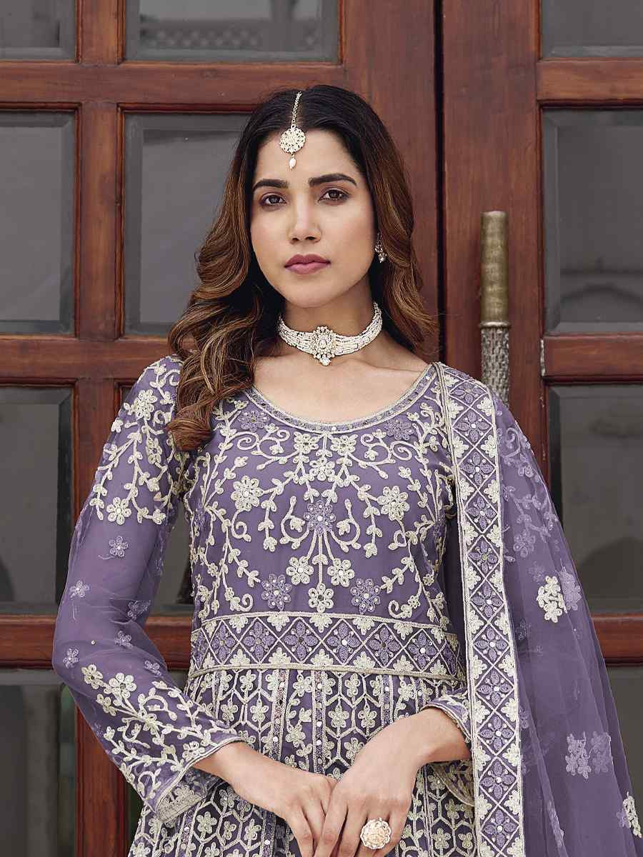 Purple Pure Butterfly Nett Embroidered Festival Casual Wedding Gown Women Wear