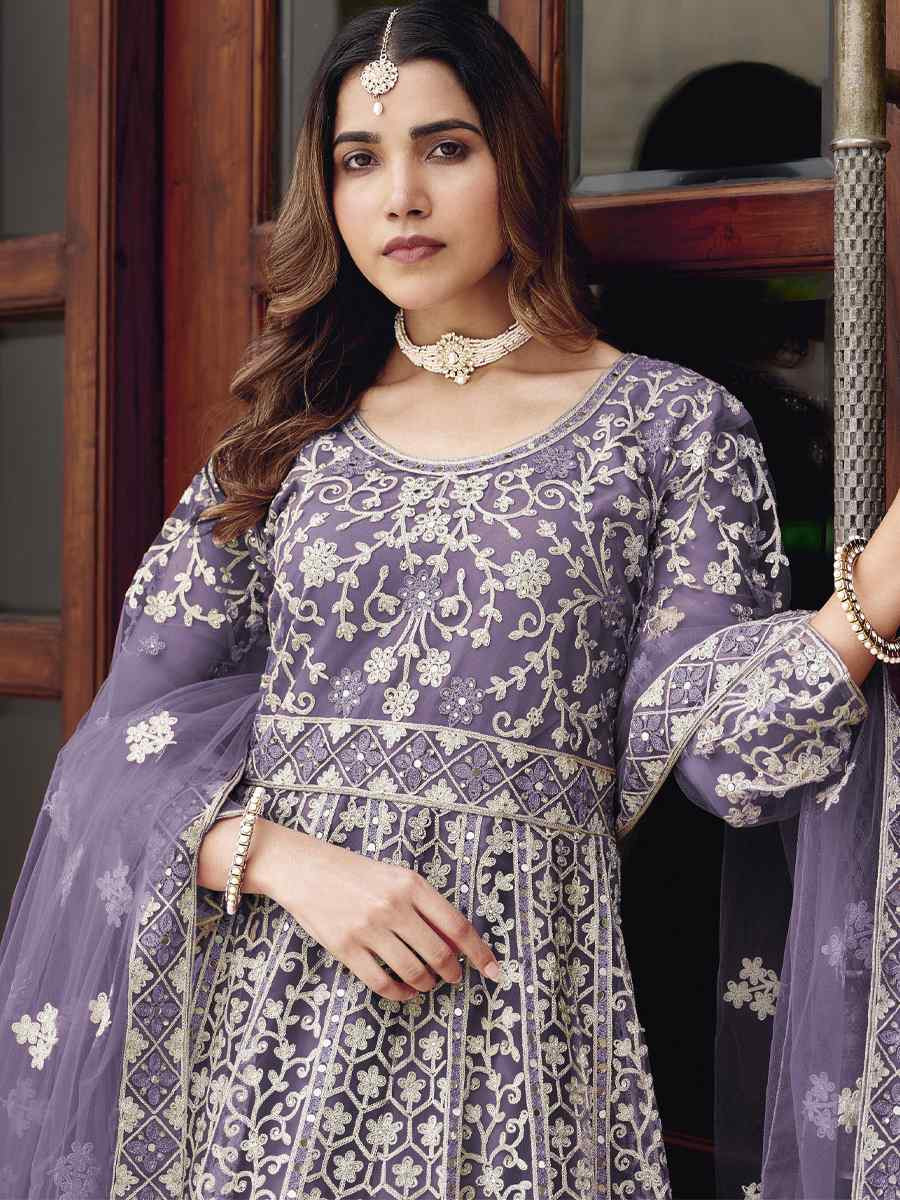 Purple Pure Butterfly Nett Embroidered Festival Casual Wedding Gown Women Wear