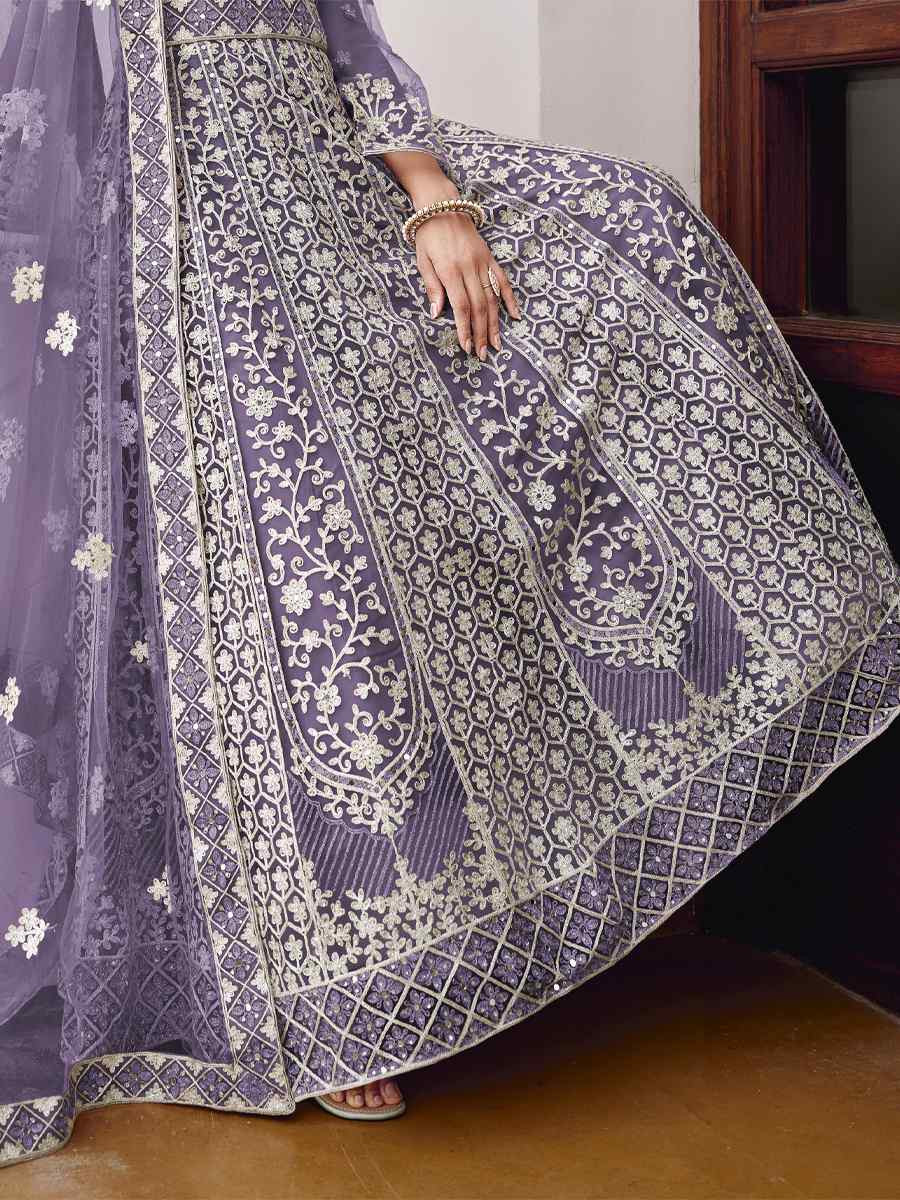 Purple Pure Butterfly Nett Embroidered Festival Casual Wedding Gown Women Wear