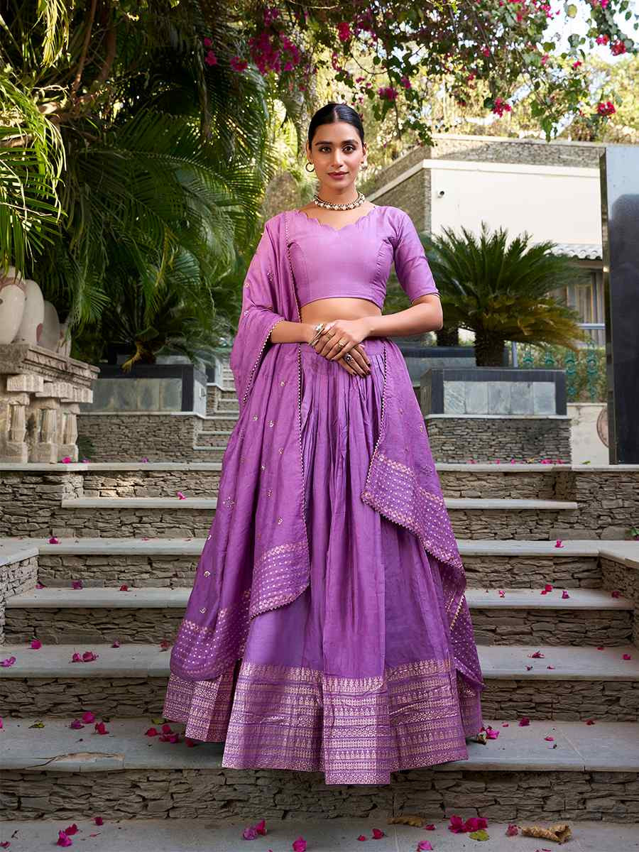 Purple Pure Chanderi Embroidered Wedding Bridesmaid Heavy Border Lehenga Choli