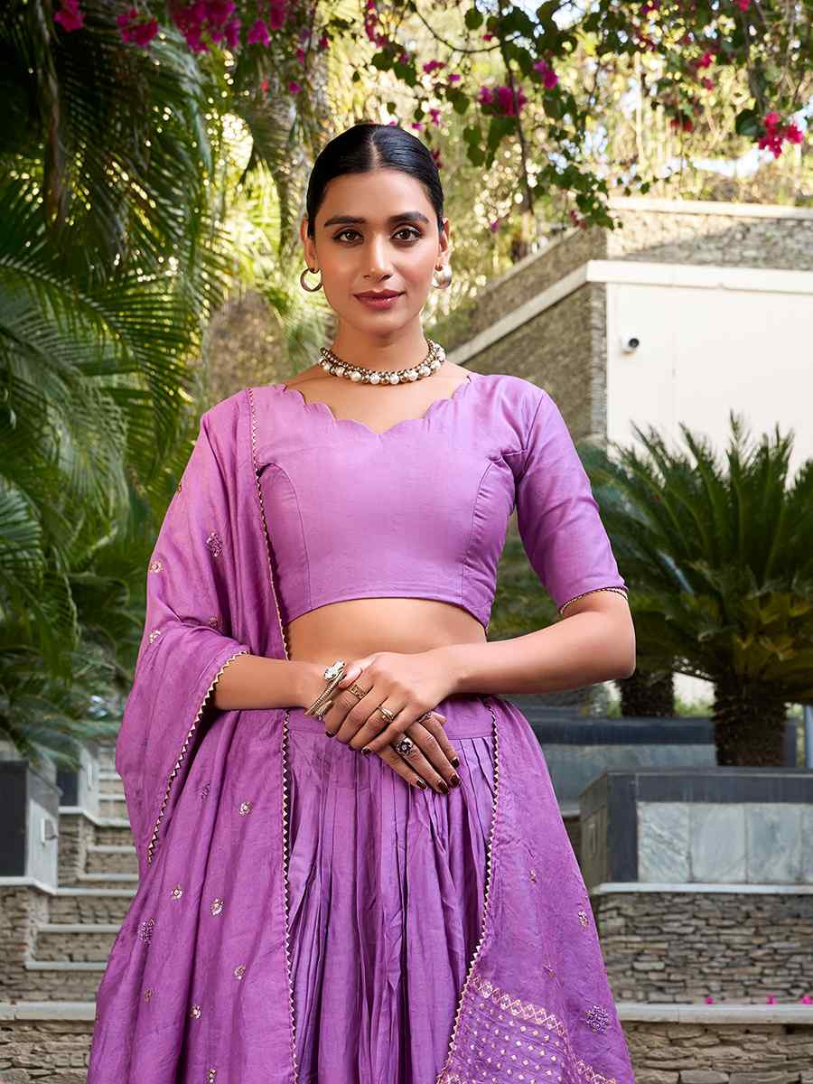 Purple Pure Chanderi Embroidered Wedding Bridesmaid Heavy Border Lehenga Choli