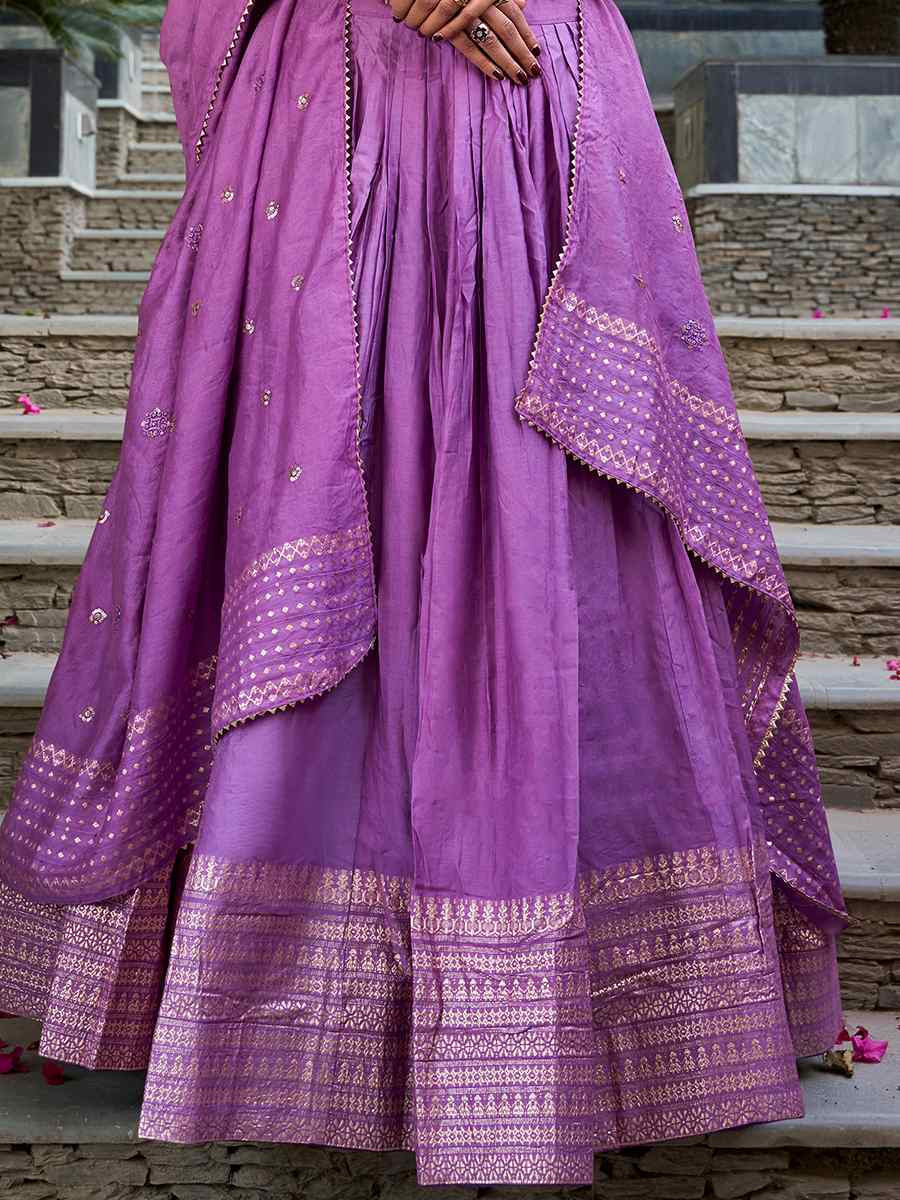 Purple Pure Chanderi Embroidered Wedding Bridesmaid Heavy Border Lehenga Choli