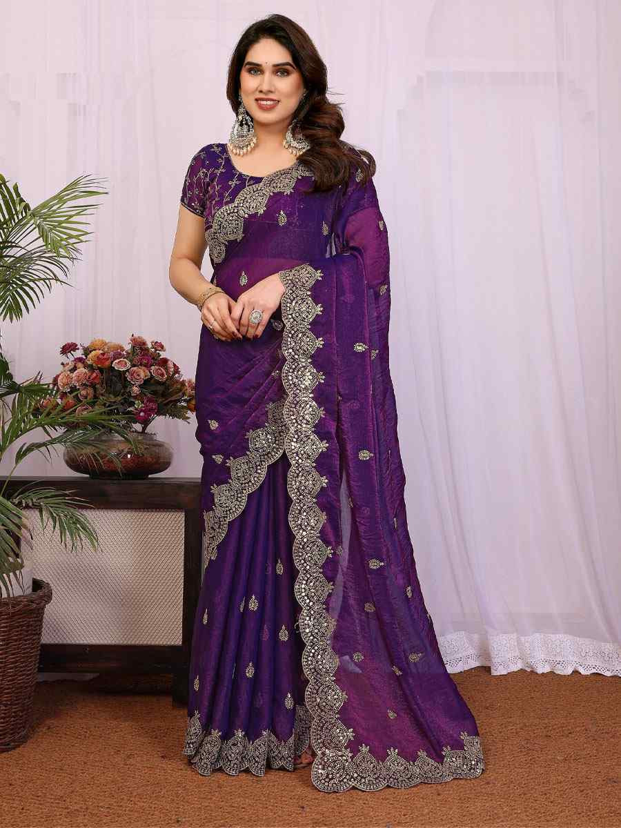 Purple Pure Chiffon Embroidery Festival Wedding Fancy Heavy Border Saree
