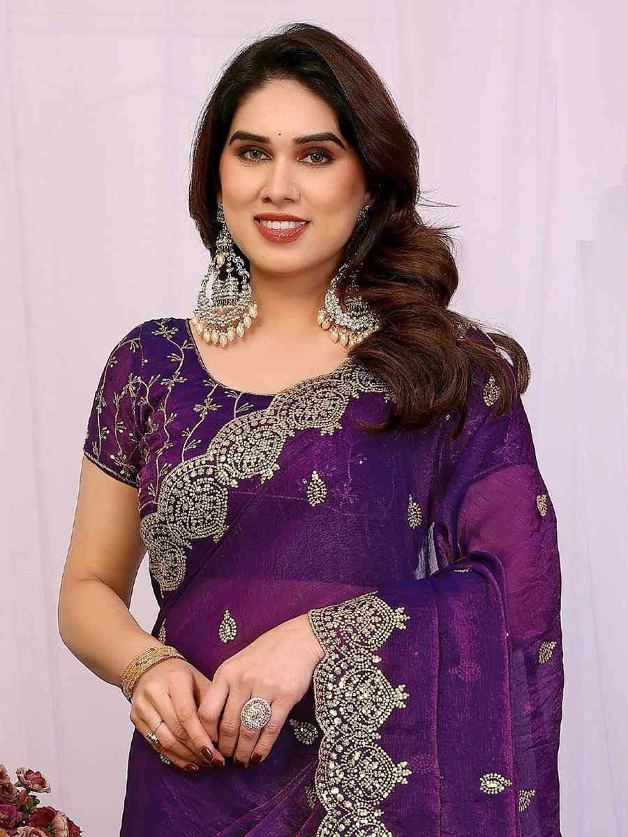 Purple Pure Chiffon Embroidery Festival Wedding Fancy Heavy Border Saree