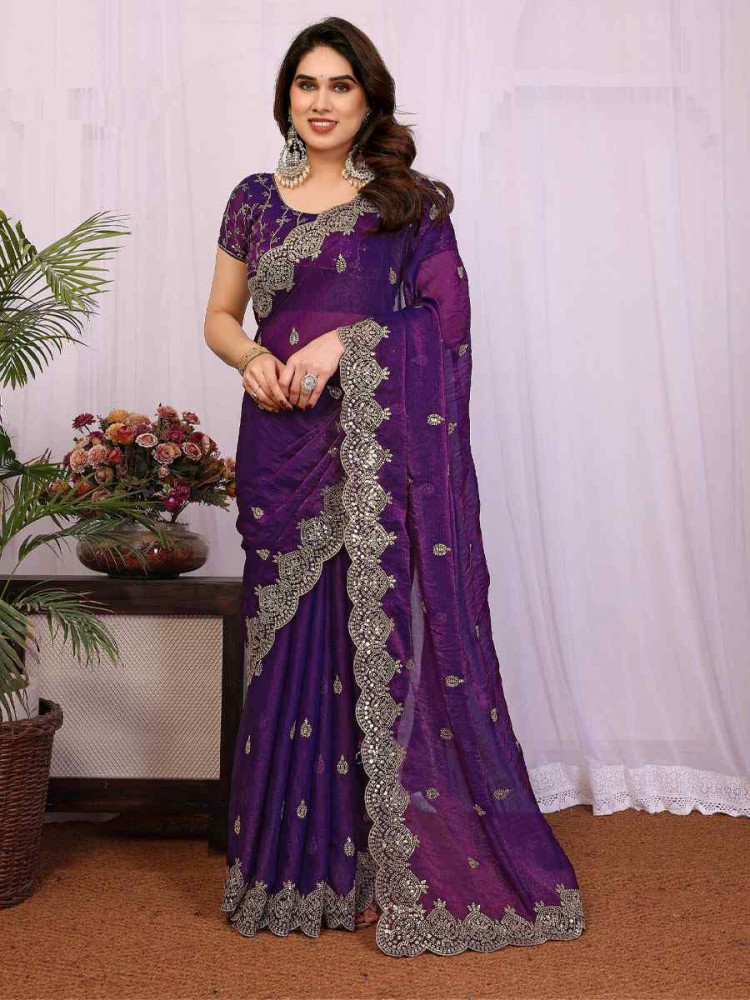 Image of Purple Pure Chiffon Embroidery Festival Wedding Fancy Heavy Border Saree