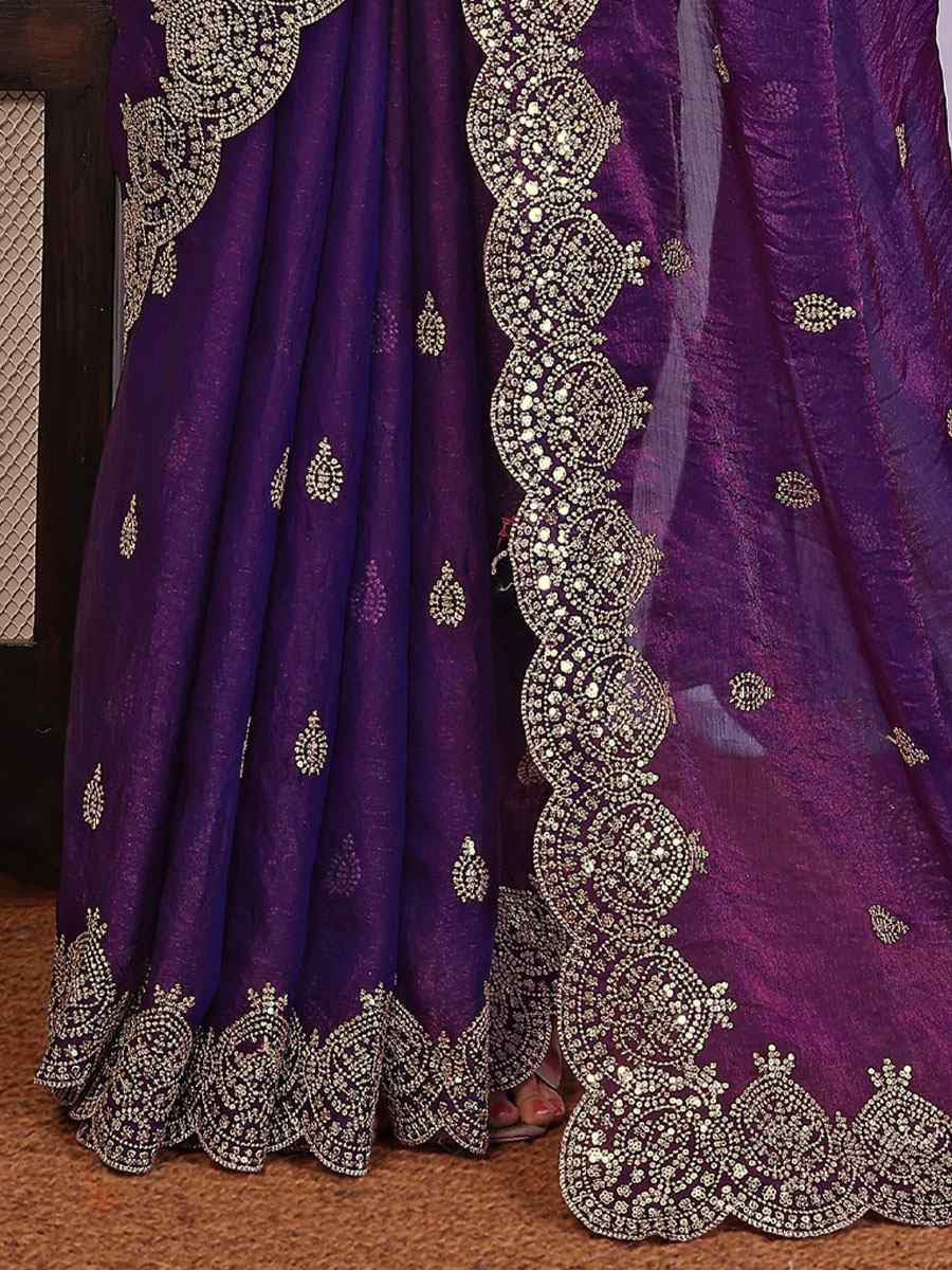 Purple Pure Chiffon Embroidery Festival Wedding Fancy Heavy Border Saree