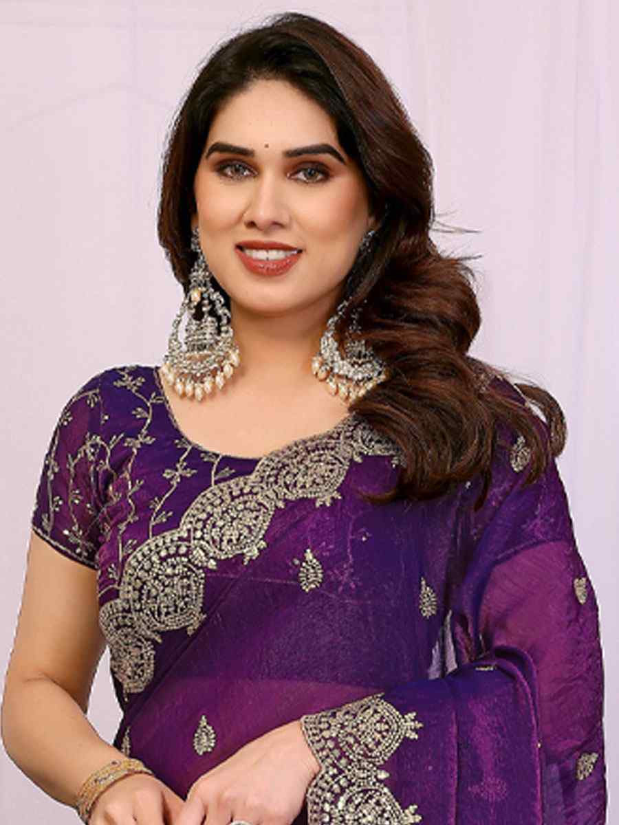 Purple Pure Chiffon Embroidery Festival Wedding Fancy Heavy Border Saree