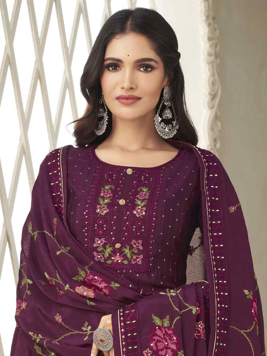 Purple Pure Chinon Handwoven Casual Festival Pant Salwar Kameez