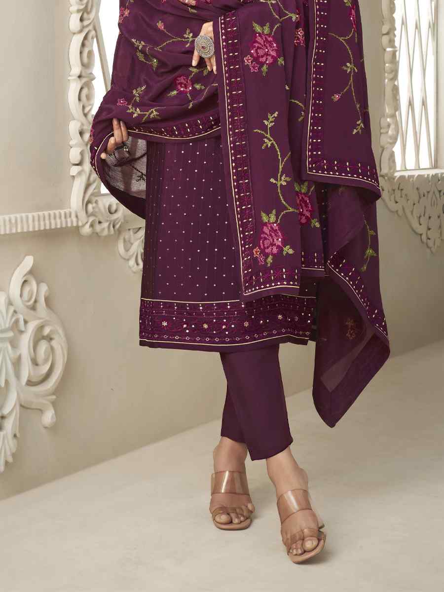 Purple Pure Chinon Handwoven Casual Festival Pant Salwar Kameez