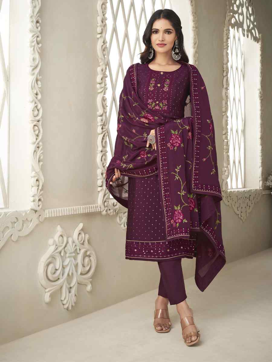 Purple Pure Chinon Handwoven Casual Festival Pant Salwar Kameez