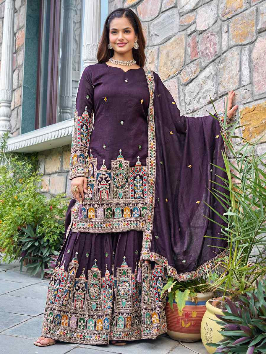 Purple Pure Chinon Silk  Embroidered Festival Casual Ready Sharara Pant Salwar Kameez