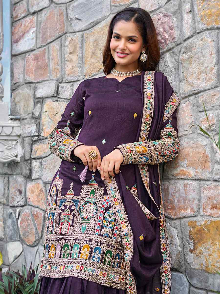 Purple Pure Chinon Silk  Embroidered Festival Casual Ready Sharara Pant Salwar Kameez