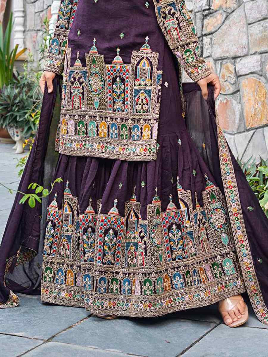 Purple Pure Chinon Silk  Embroidered Festival Casual Ready Sharara Pant Salwar Kameez