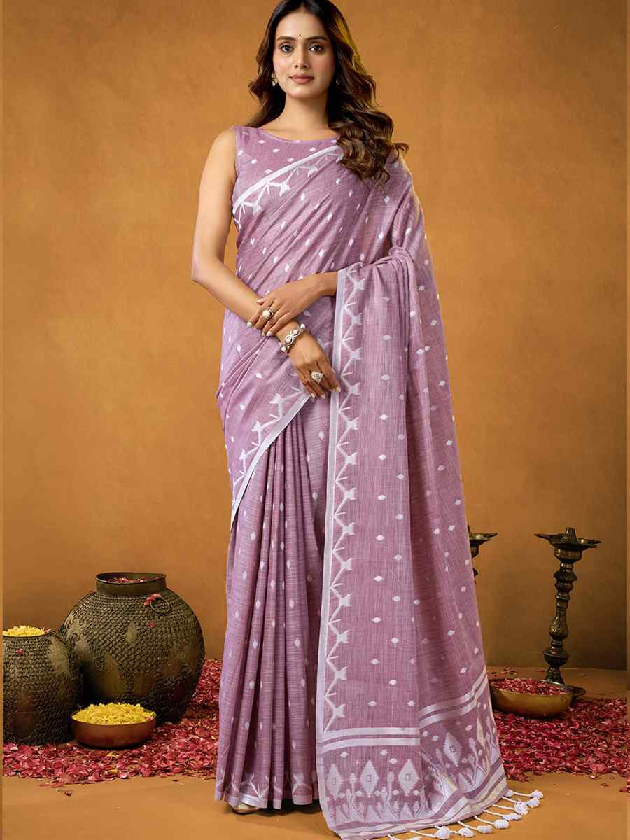 Purple Pure Cotton Handwoven Festival Wedding Fancy Heavy Border Saree