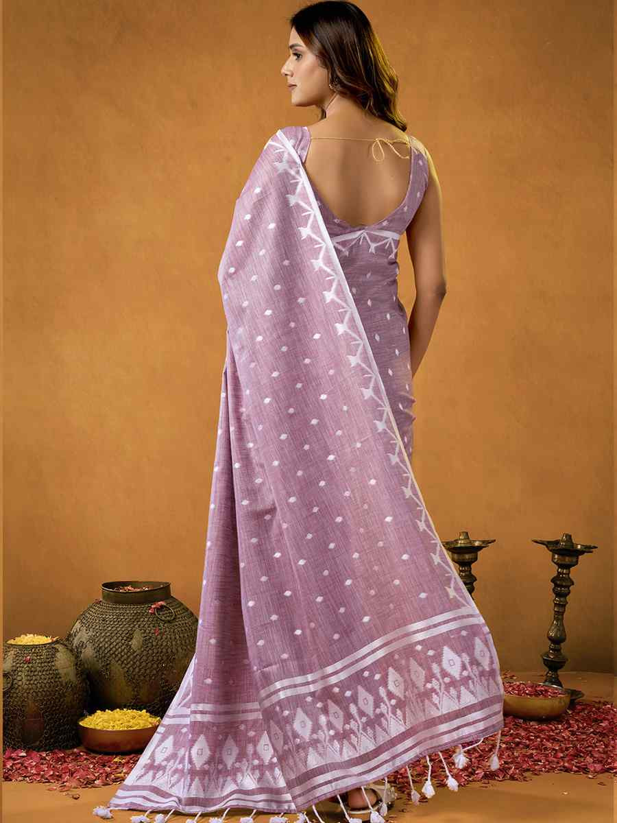 Purple Pure Cotton Handwoven Festival Wedding Fancy Heavy Border Saree