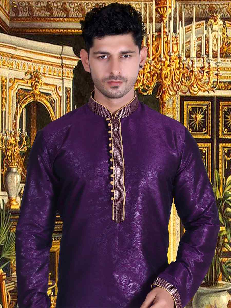 Purple Pure Cotton Jacquard Woven Festival Kurta