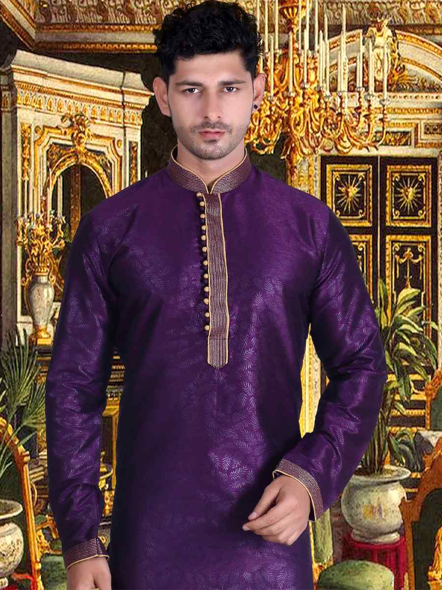 Purple Pure Cotton Jacquard Woven Festival Kurta