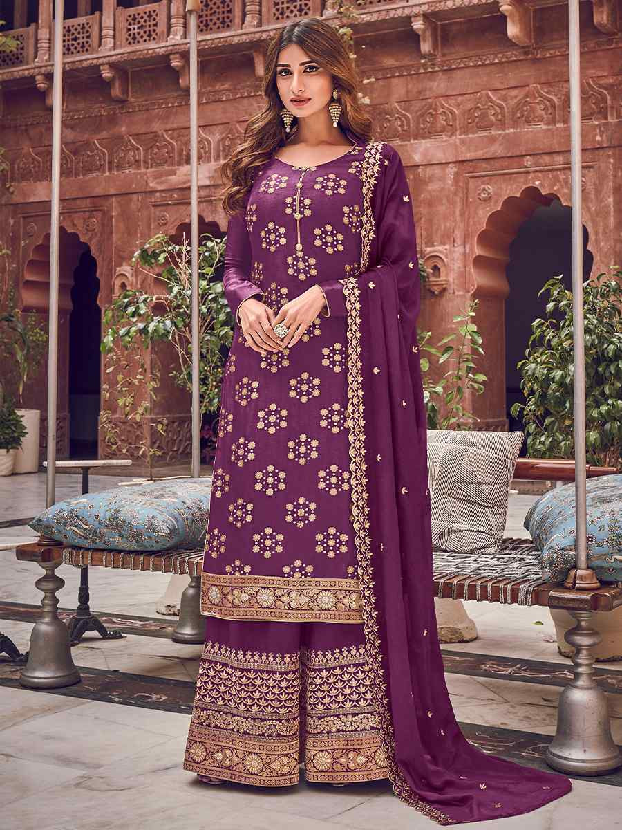 Purple Pure Dola Embroidered Festival Wedding Palazzo Pant Salwar Kameez