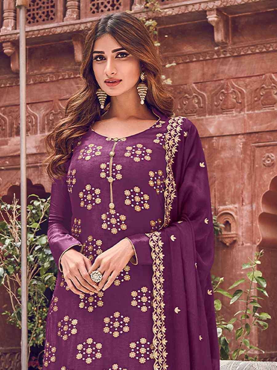 Purple Pure Dola Embroidered Festival Wedding Palazzo Pant Salwar Kameez