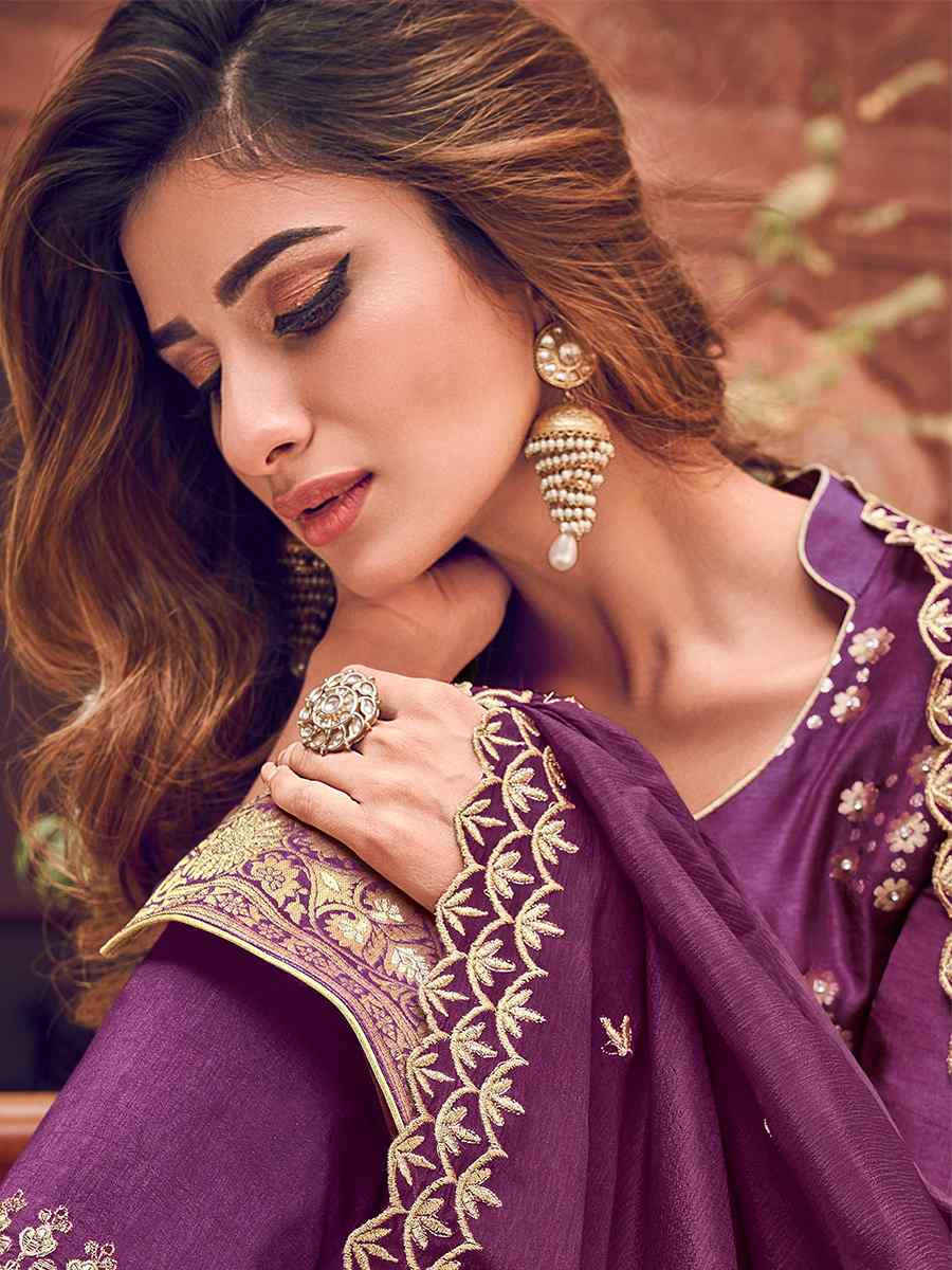 Purple Pure Dola Embroidered Festival Wedding Palazzo Pant Salwar Kameez