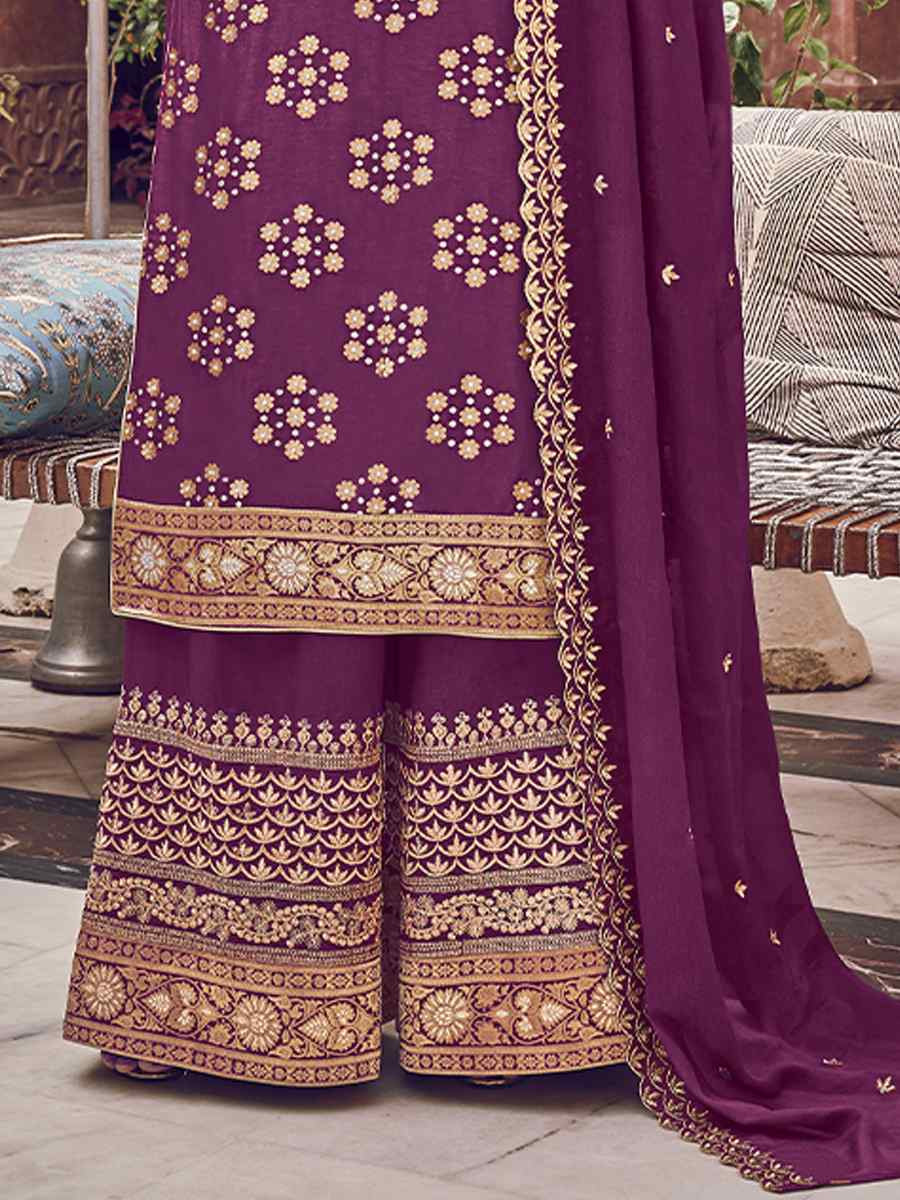 Purple Pure Dola Embroidered Festival Wedding Palazzo Pant Salwar Kameez