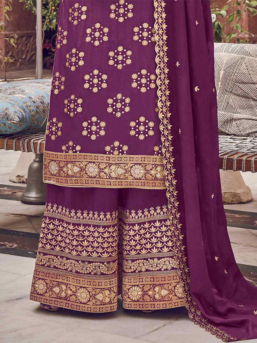 Purple Pure Dola Jacquard Embroidered Festival Wedding Palazzo Pant Salwar Kameez