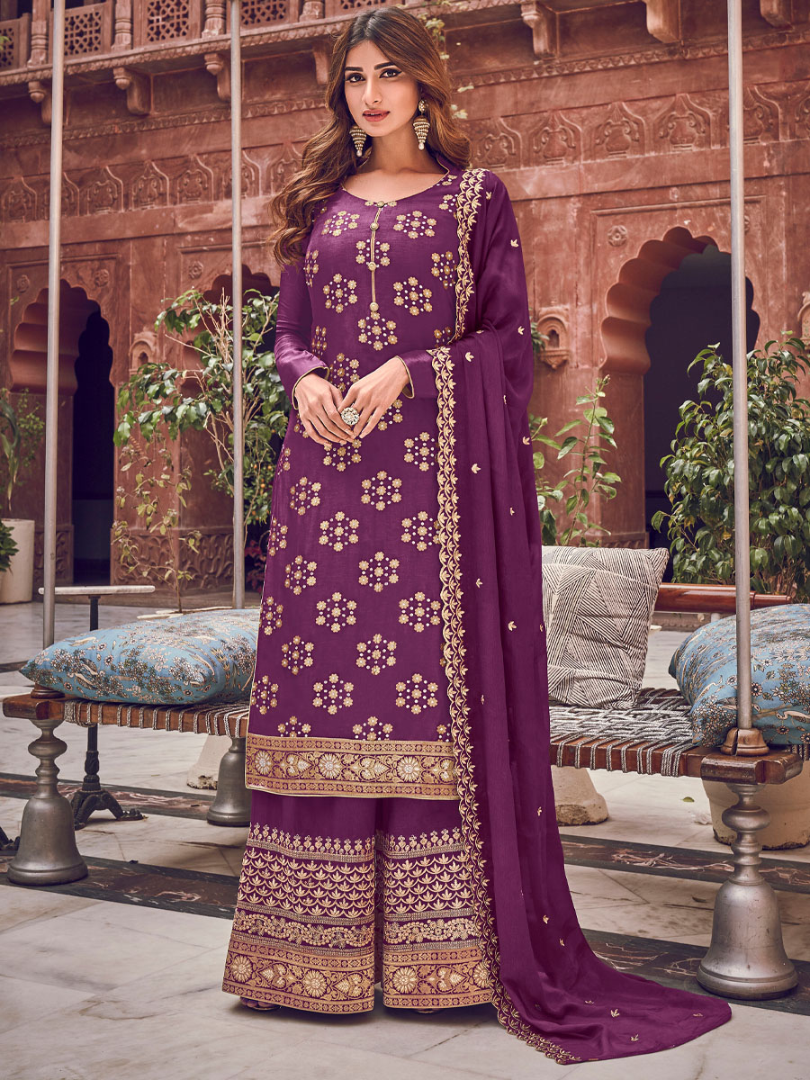 Purple Pure Dola Jacquard Embroidered Wedding Festival Palazzo Pant Salwar Kameez
