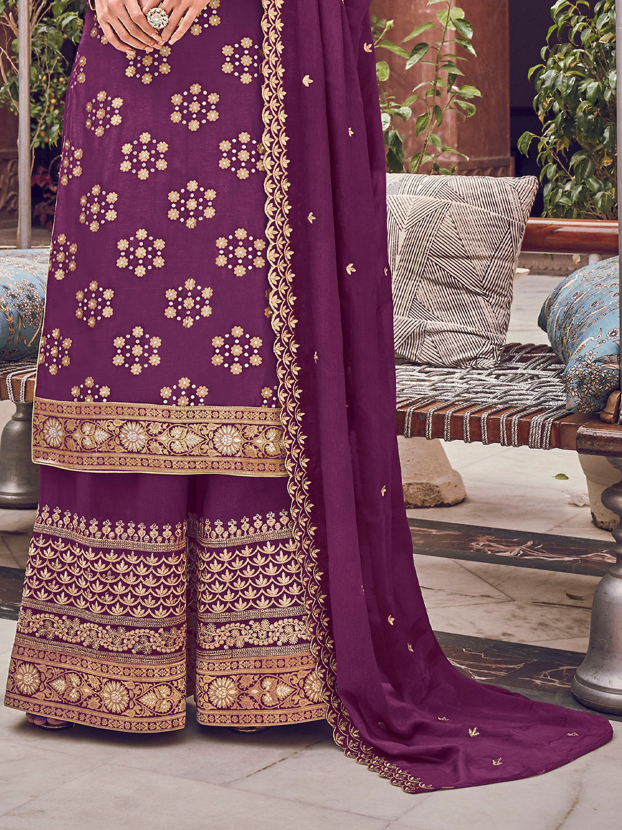 Purple Pure Dola Jacquard Embroidered Wedding Festival Palazzo Pant Salwar Kameez