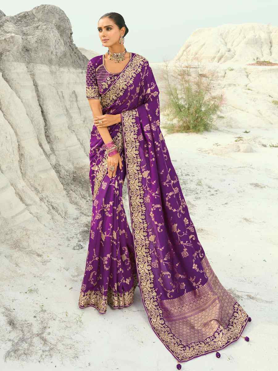 Purple Pure Dola Viscose Embroidery Bridal Reception Festival Wedding Fancy Heavy Border Saree