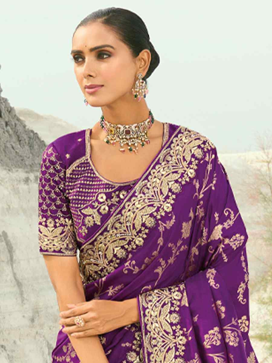 Purple Pure Dola Viscose Embroidery Bridal Reception Festival Wedding Fancy Heavy Border Saree