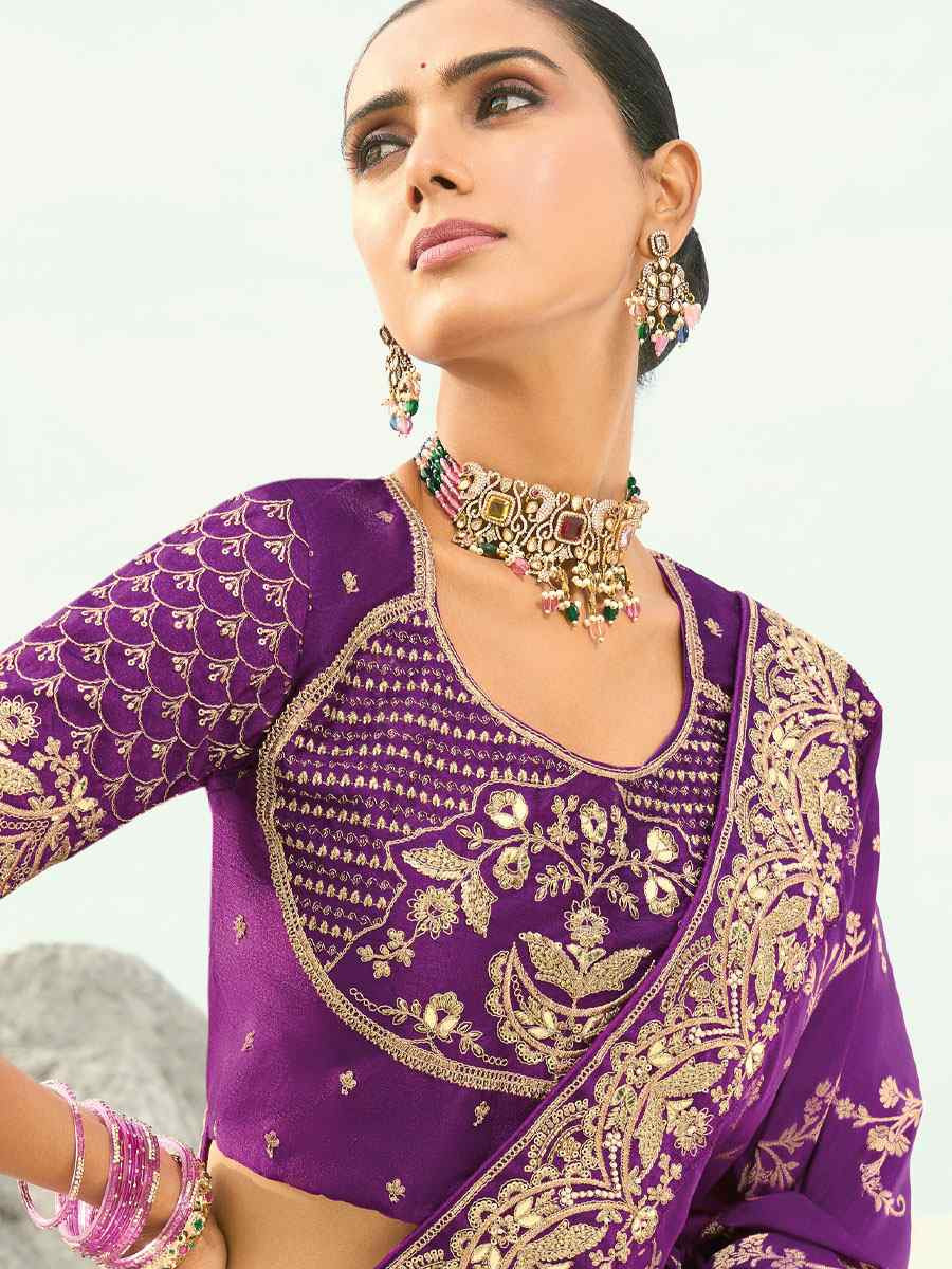 Purple Pure Dola Viscose Embroidery Bridal Reception Festival Wedding Fancy Heavy Border Saree