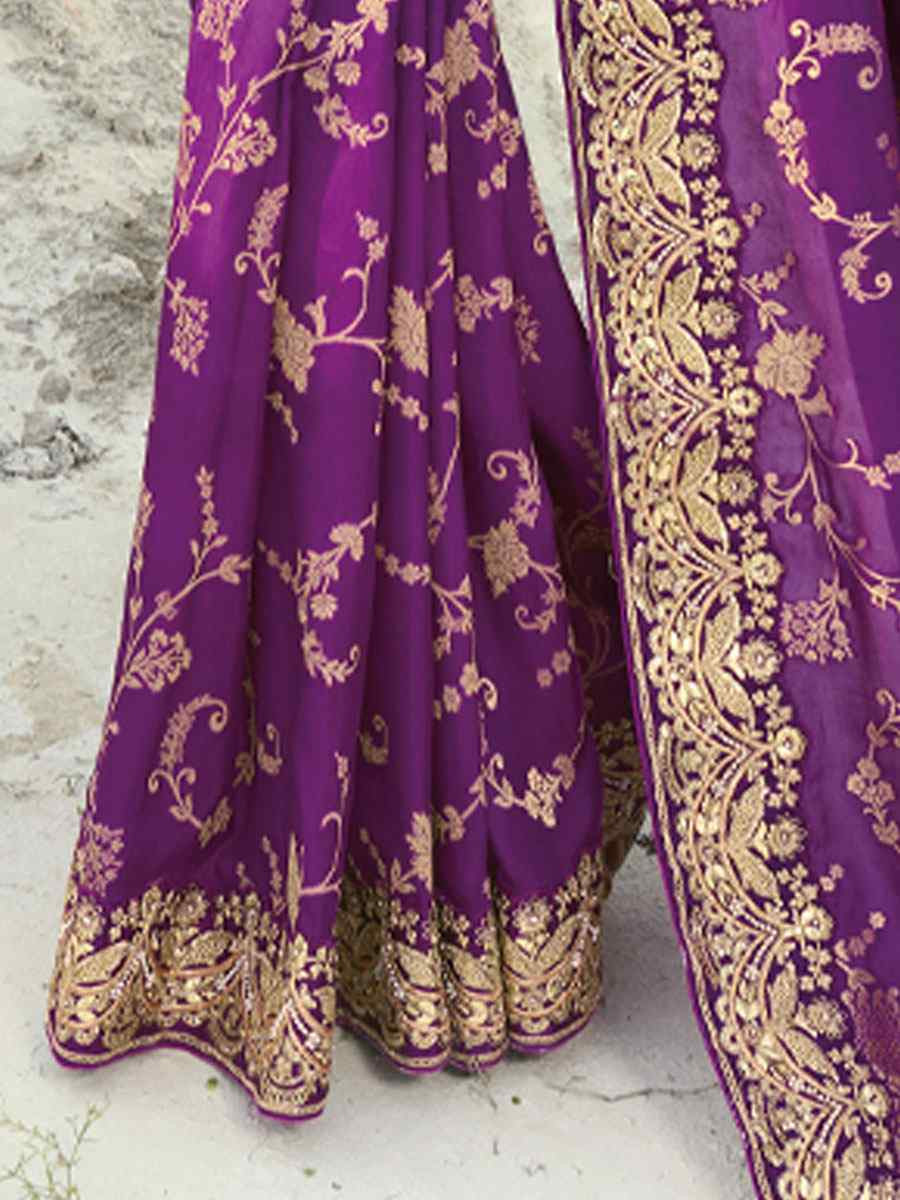 Purple Pure Dola Viscose Embroidery Bridal Reception Festival Wedding Fancy Heavy Border Saree