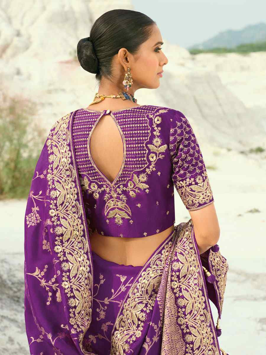 Purple Pure Dola Viscose Embroidery Bridal Reception Festival Wedding Fancy Heavy Border Saree