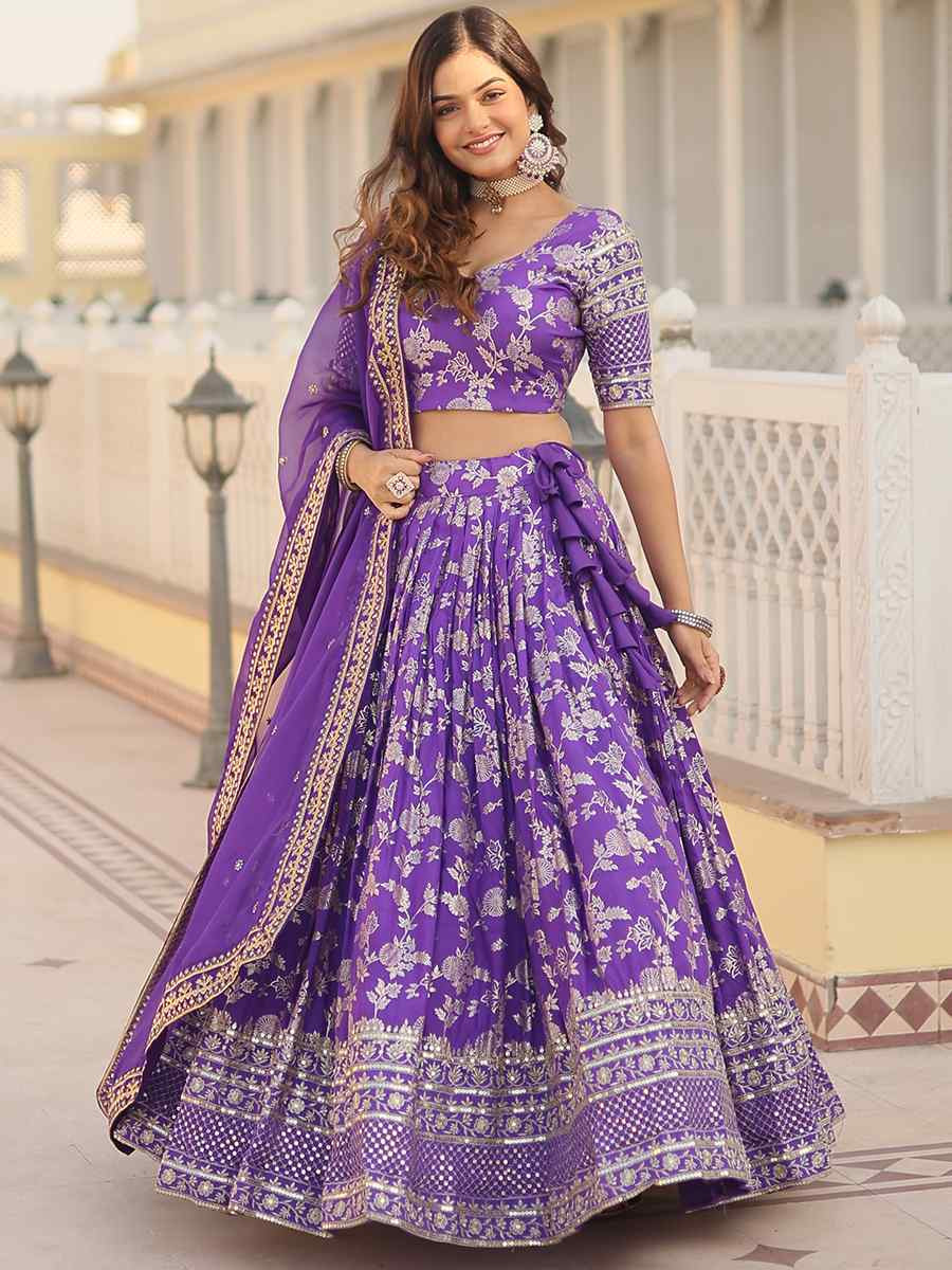 Purple Pure Dyable Viscose Embroidery Reception Party Wear Heavy Border Lehenga Choli