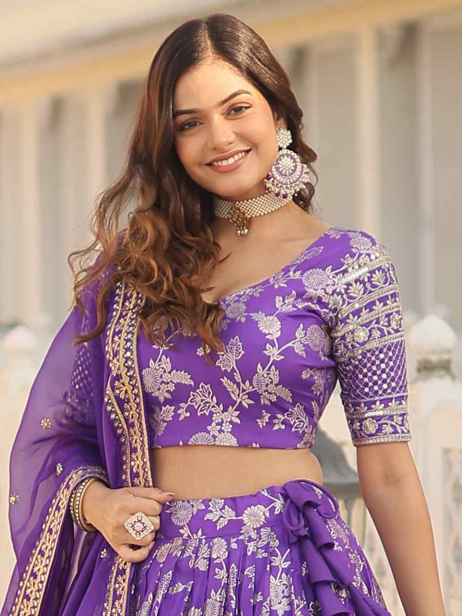 Purple Pure Dyable Viscose Embroidery Reception Party Wear Heavy Border Lehenga Choli