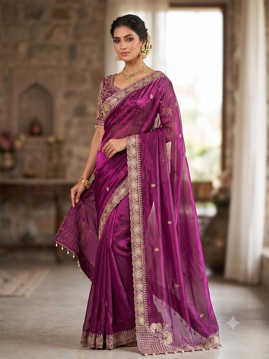 Purple Pure Fandy Satin Embroidery Wedding Reception Party Festival Casual Heavy Border Sarees