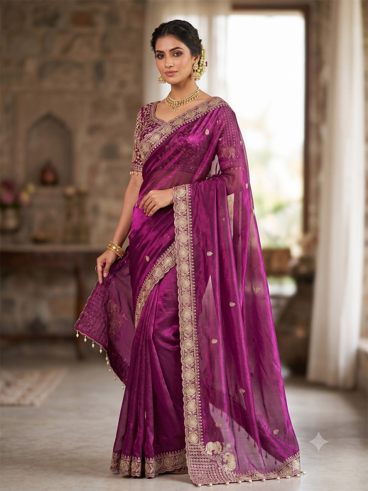 Image of Purple Pure Fandy Satin Embroidery Wedding Reception Party Festival Casual Heavy Border Sarees
