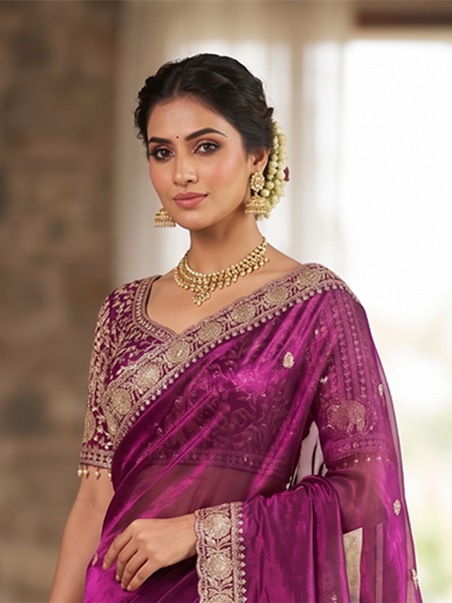 Purple Pure Fandy Satin Embroidery Wedding Reception Party Festival Casual Heavy Border Sarees