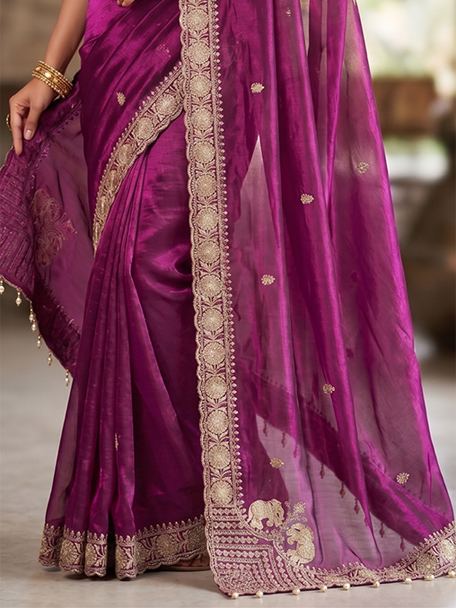 Purple Pure Fandy Satin Embroidery Wedding Reception Party Festival Casual Heavy Border Sarees