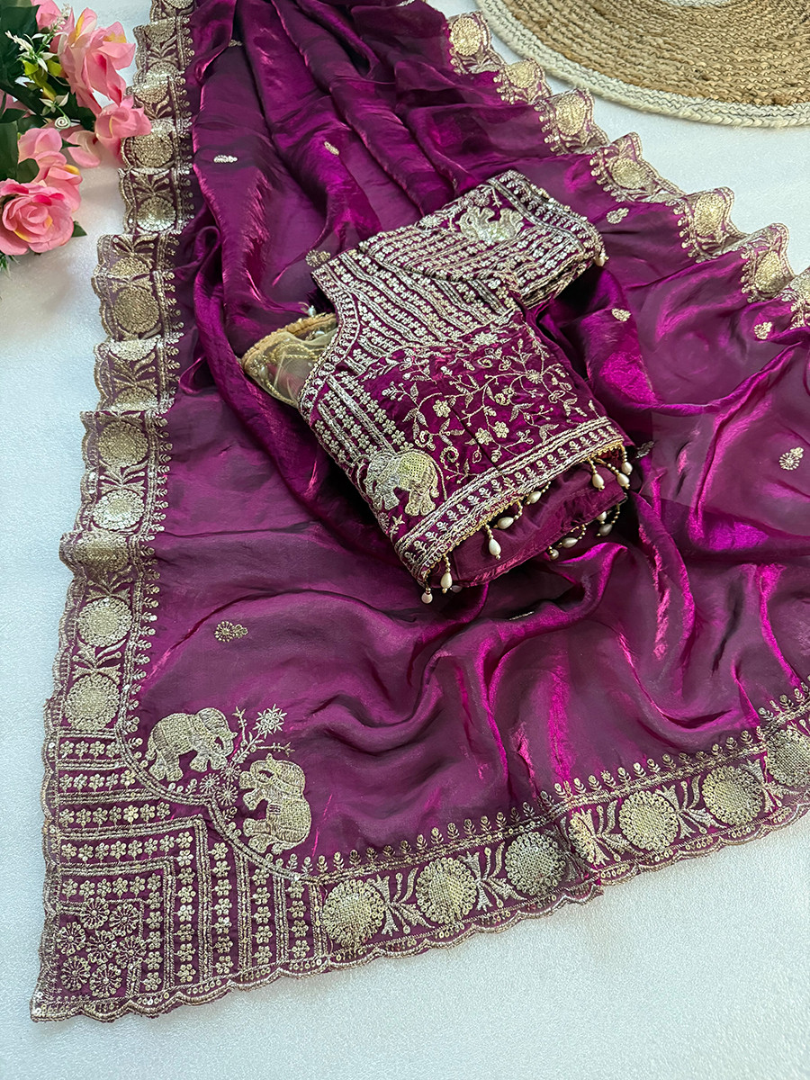 Purple Pure Fandy Satin Embroidery Wedding Reception Party Festival Casual Heavy Border Sarees