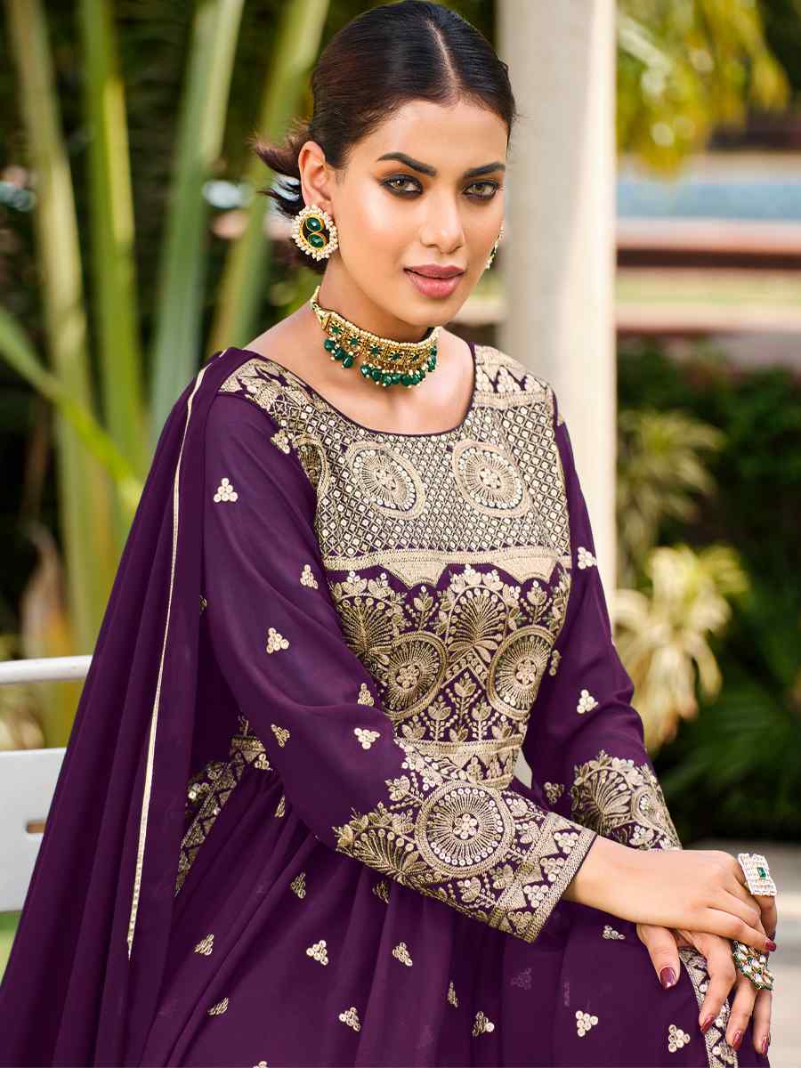 Purple Pure Faux Georgette Embroidered Festival Wedding Ready Palazzo Pant Salwar Kameez