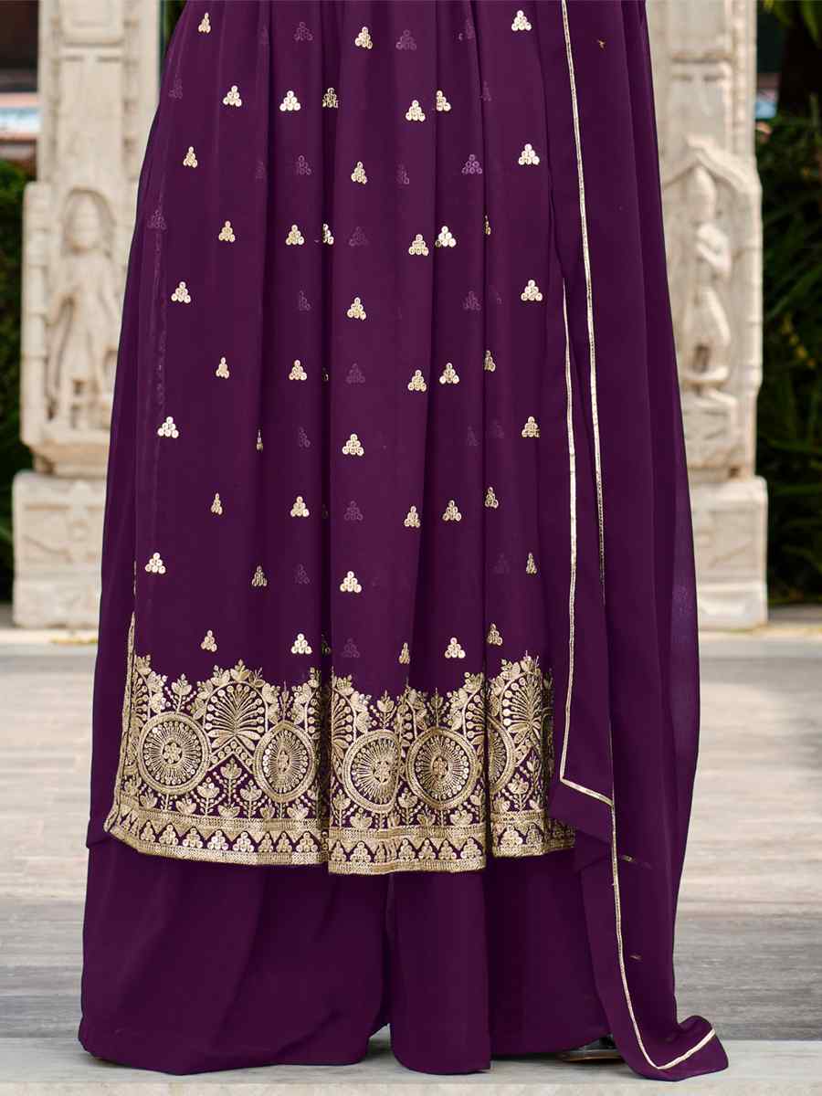 Purple Pure Faux Georgette Embroidered Festival Wedding Ready Palazzo Pant Salwar Kameez