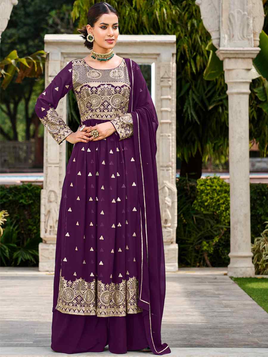 Purple Pure Faux Georgette Embroidered Festival Wedding Ready Palazzo Pant Salwar Kameez
