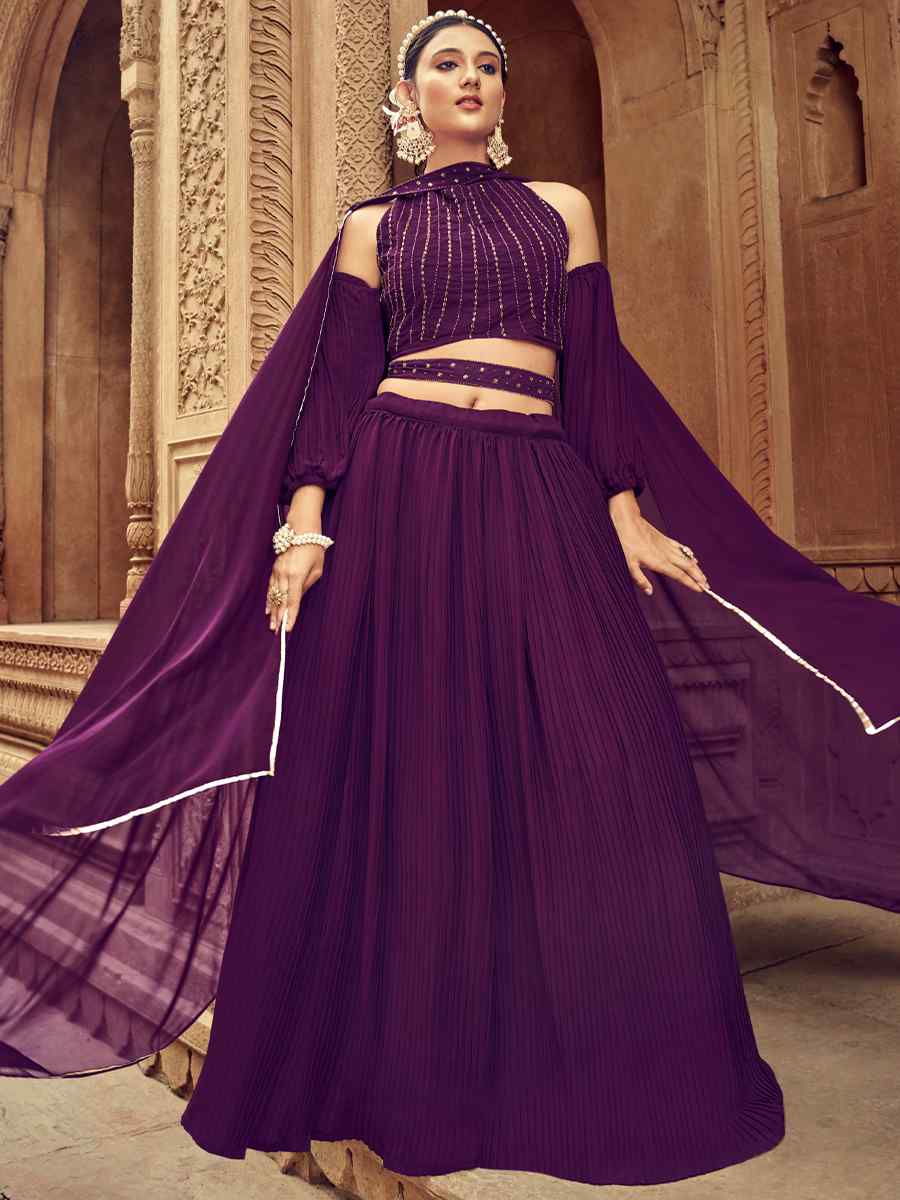 Purple Pure Faux Georgette Embroidered Party Wear Wedding Circular Lehenga Choli