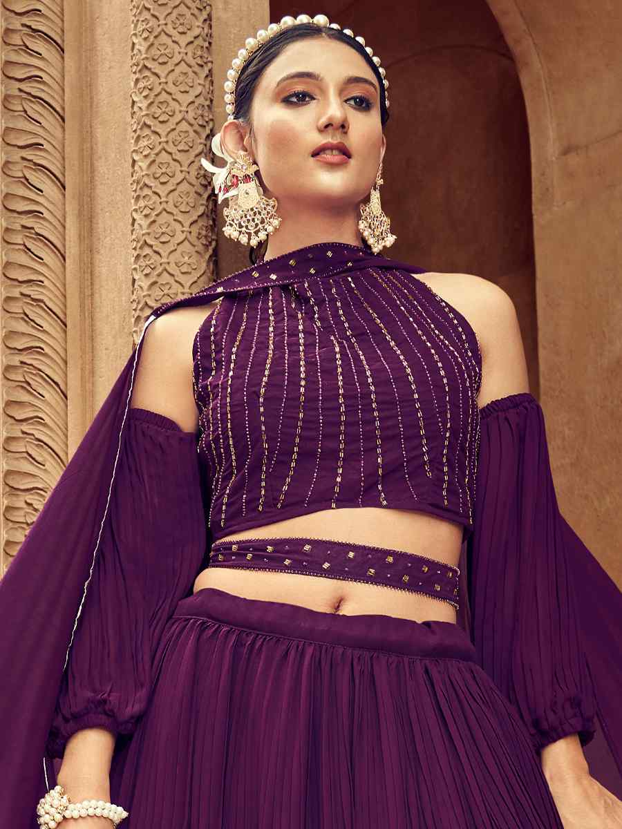 Purple Pure Faux Georgette Embroidered Party Wear Wedding Circular Lehenga Choli