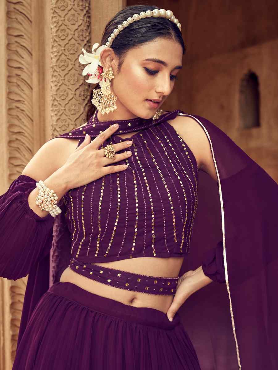 Purple Pure Faux Georgette Embroidered Party Wear Wedding Circular Lehenga Choli