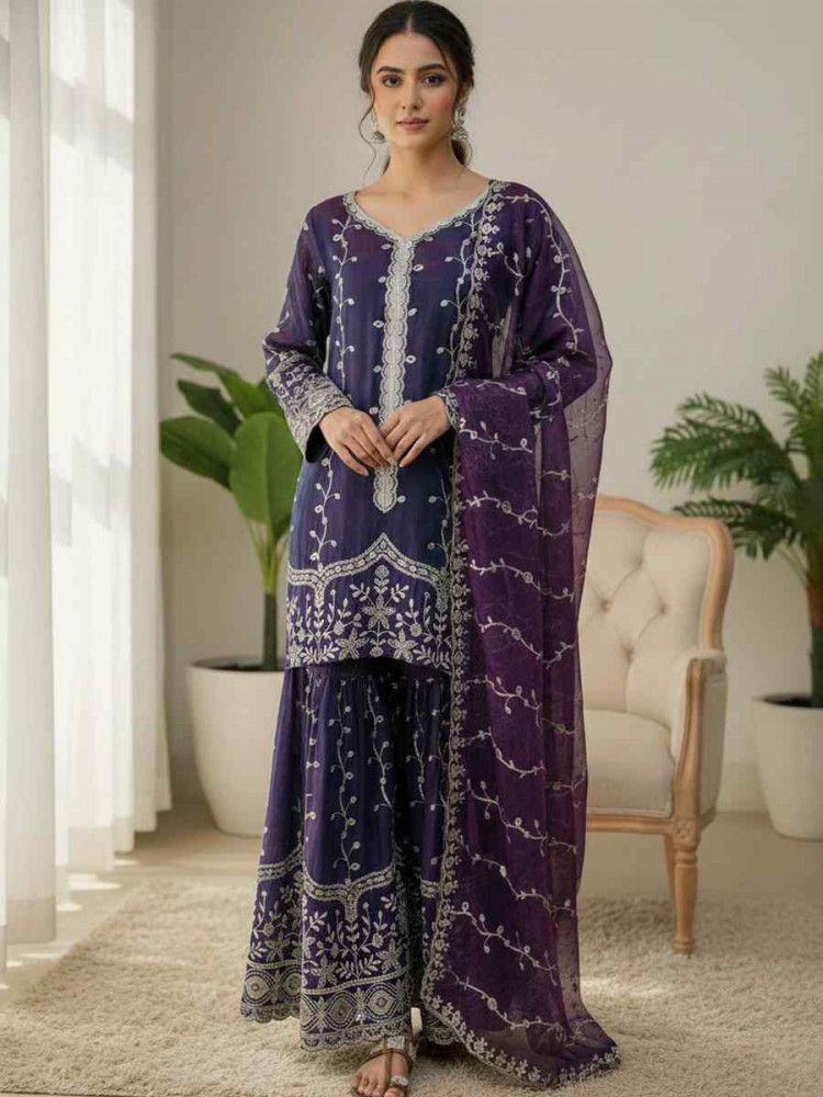 Image of Purple Pure Fendy Silk Embroidery Party Wedding Festival Casual Ready Sharara Pant Salwar Kameez