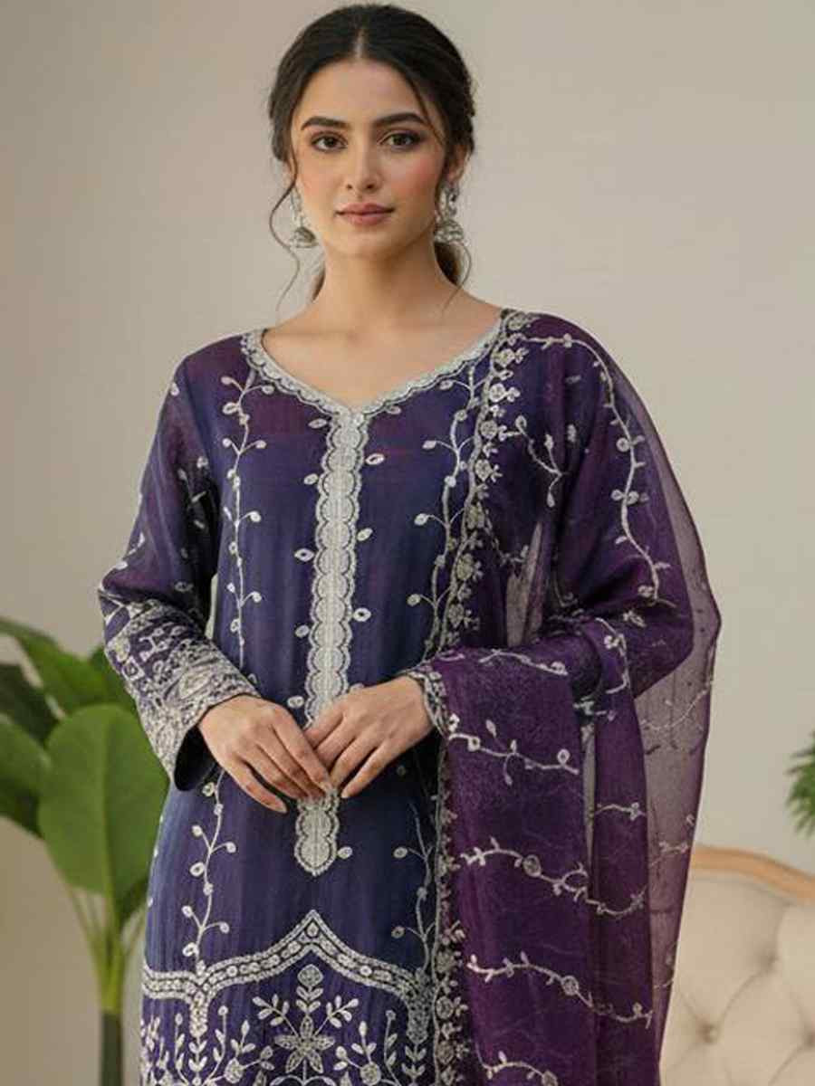 Purple Pure Fendy Silk Embroidery Party Wedding Festival Casual Ready Sharara Pant Salwar Kameez