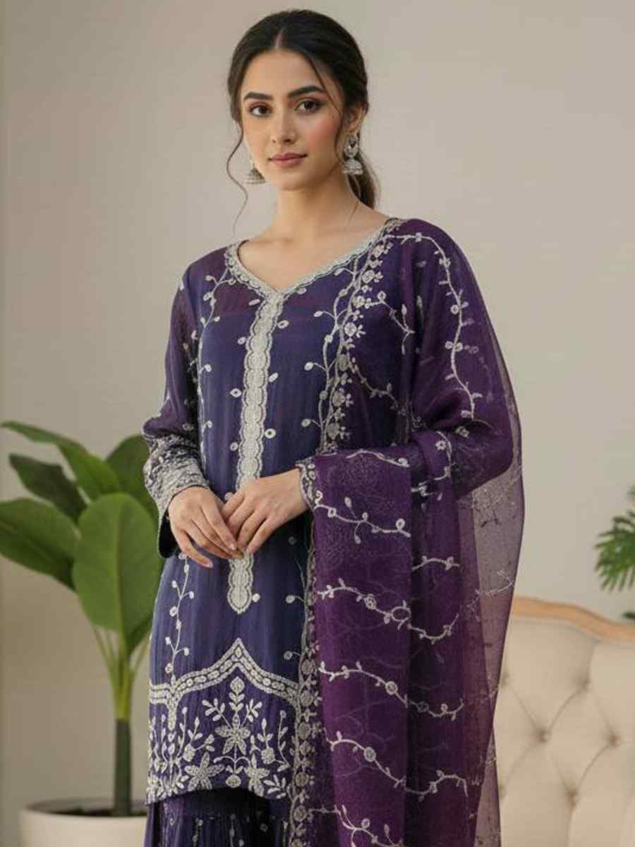Purple Pure Fendy Silk Embroidery Party Wedding Festival Casual Ready Sharara Pant Salwar Kameez
